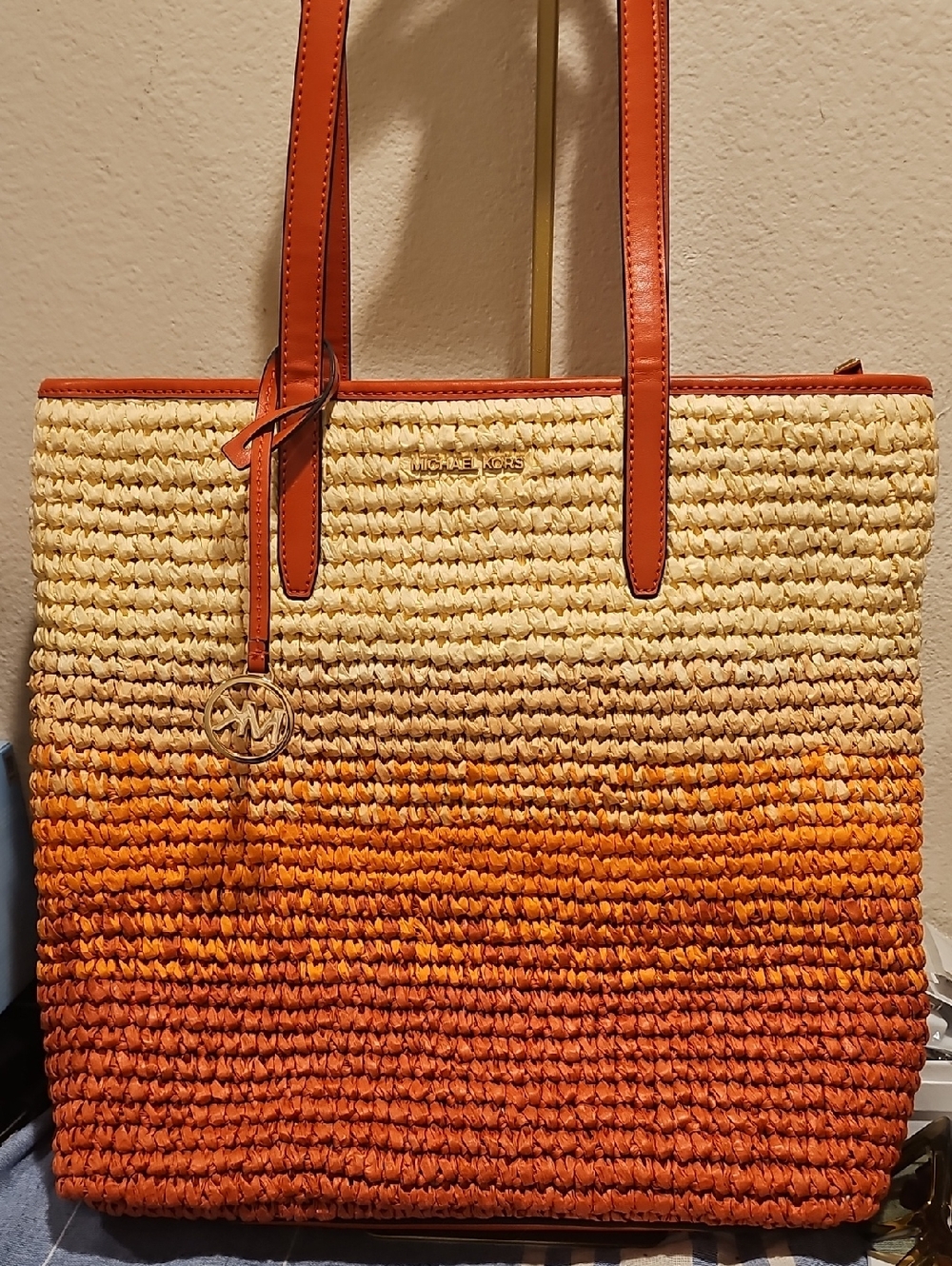 Michael Kors Orange Ombre Straw Tote with Leather Straps